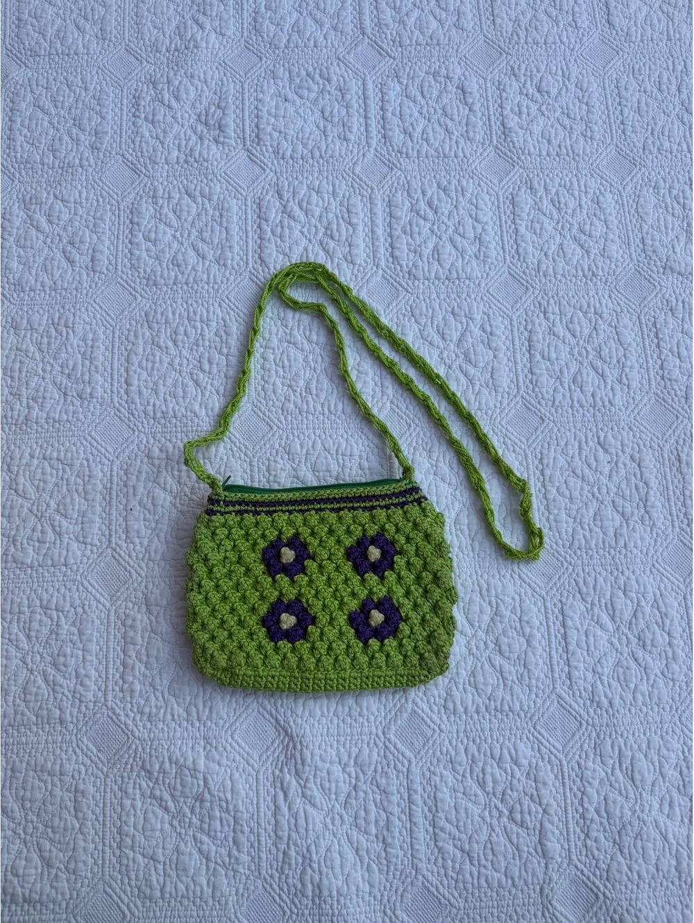 Handmade Green Crochet Crossbody Bag with Purple Flower Accents